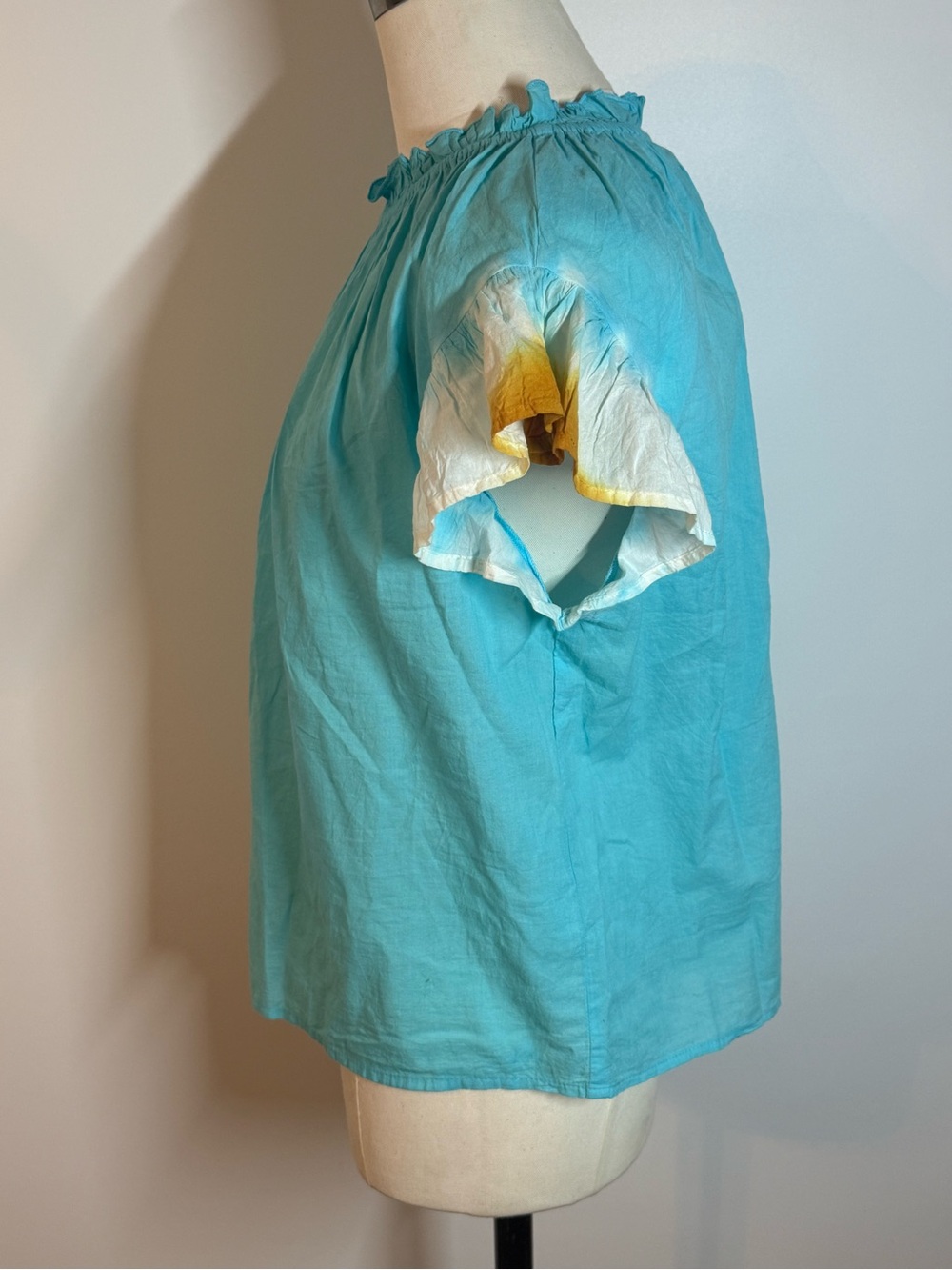 Women’s Turquoise Ruffle-Neck Short Sleeve Top - Picture 4 of 14